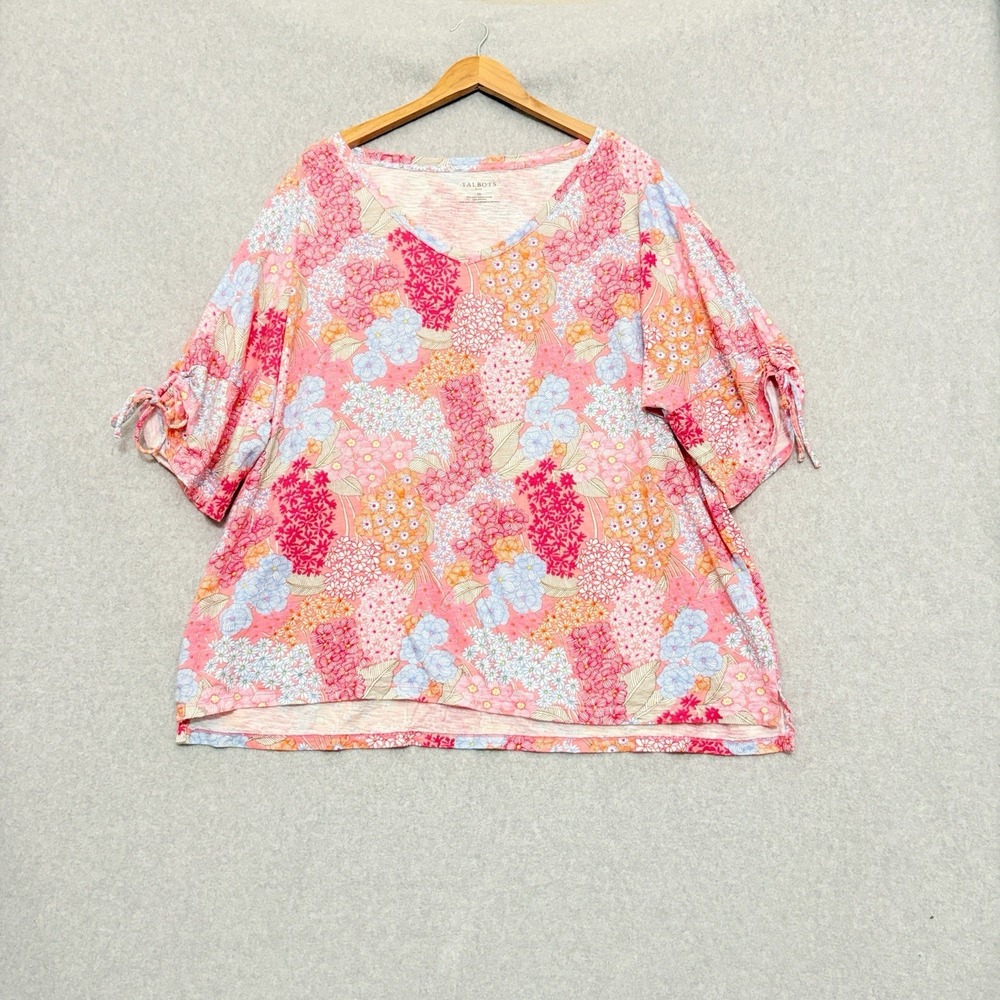 Talbots Womens Floral Tee Shirt Top Size 3X V Neck 1/2 Sleeve‎ Tie Accent Spring